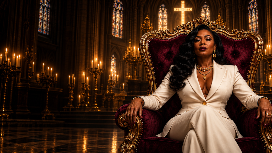Vivi in her cream suit seated on a burgundy and gold throne inside the church